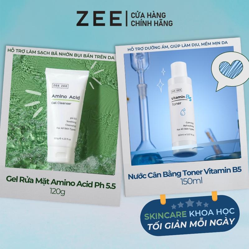 [SPECIAL COMCO] Gel rửa mặt tạo bọt cân bằng ph 5.5 cho da nhạy cảm 120ml + Nước cân bằng cấp ẩm làm mịn da Toner Vitamin B5 trà xanh cúc la mã 150ml ZEE ZEE Skincare