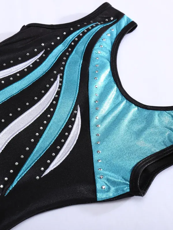 Girl's Colorblock Print Romper, Sporty Comfy Breathable Sleeveless Dance Romper for Gymnastics, Kids Dancewear for All Seasons 7
