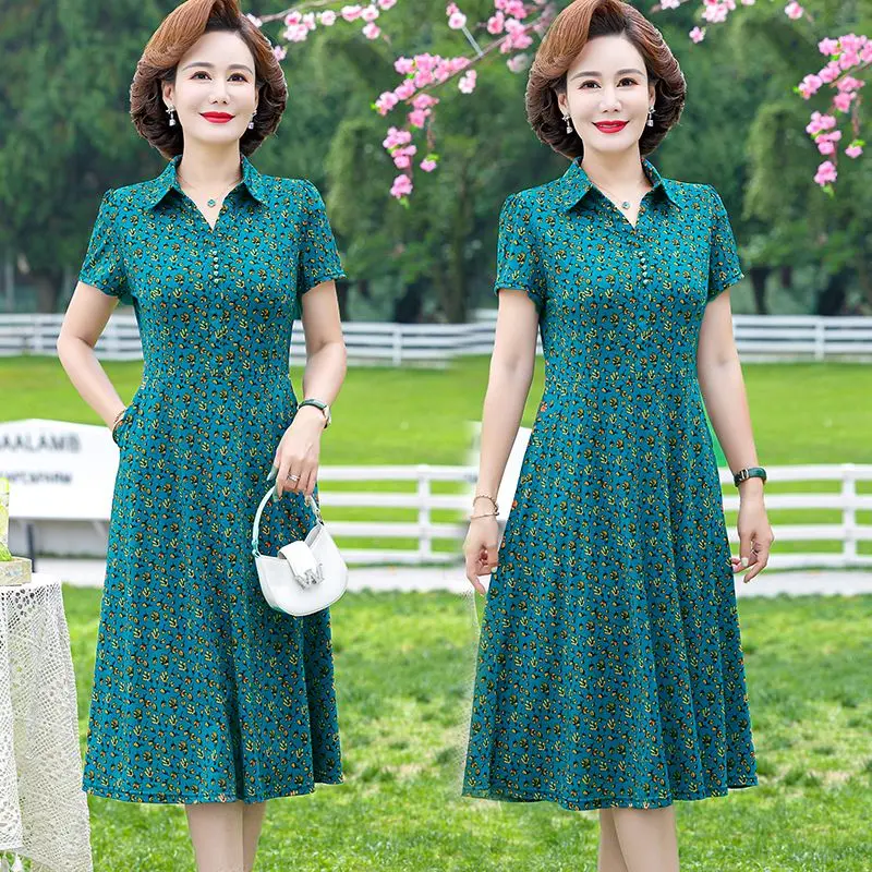Váy Mùa Hè Cho Mẹ TRUNG NIÊN, Phong Cách Phương Tây Thanh Lịch, ngắn Tay, Hoa, Dài Trung Bình Váy Qua Đầu Gối, Thích Hợp Để Giấu Bụng, Hàng Mới Về Năm 2024 Nữ Dress