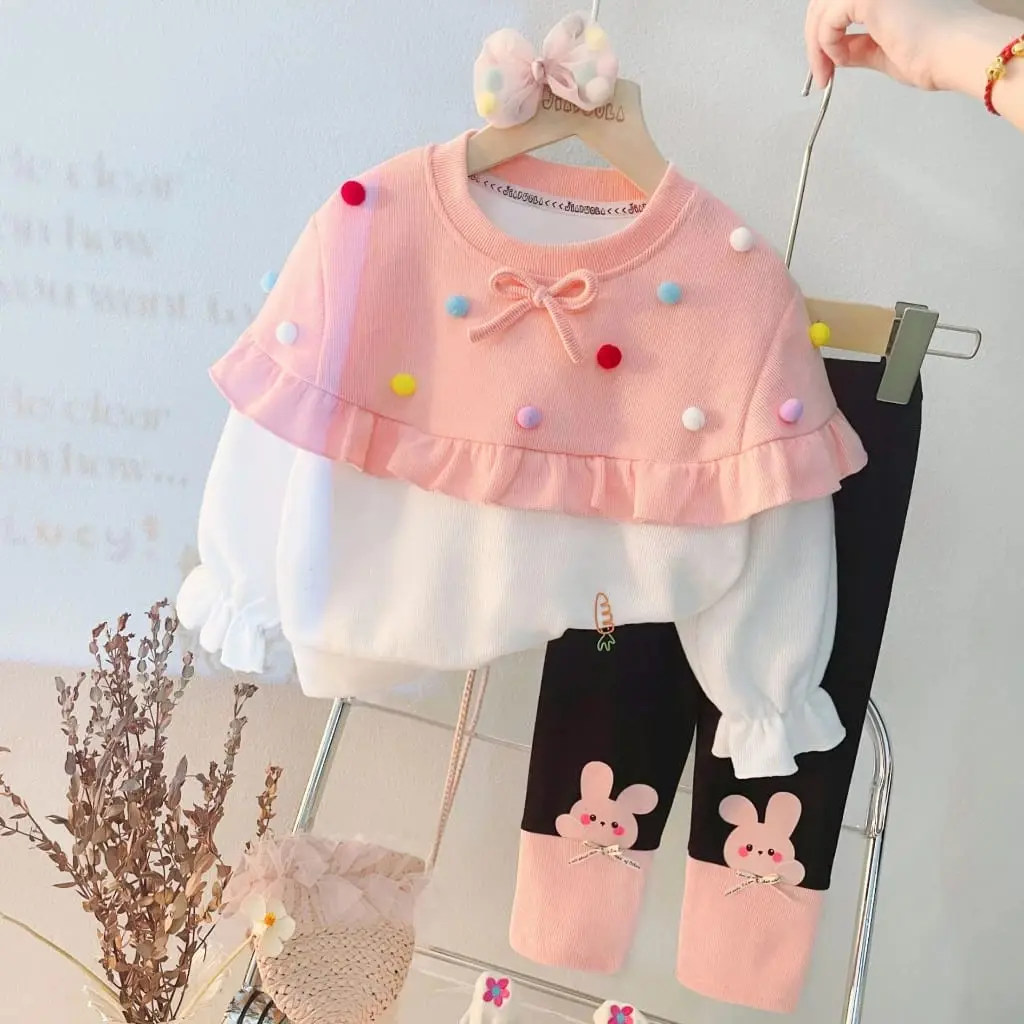 RIC KIDS STORE - Setelan Lucu Anak Perempuan 6 Bulan - 4 Tahun Pom Pom Rainbow Katun Parsel - Motif, Baju setelan bayi