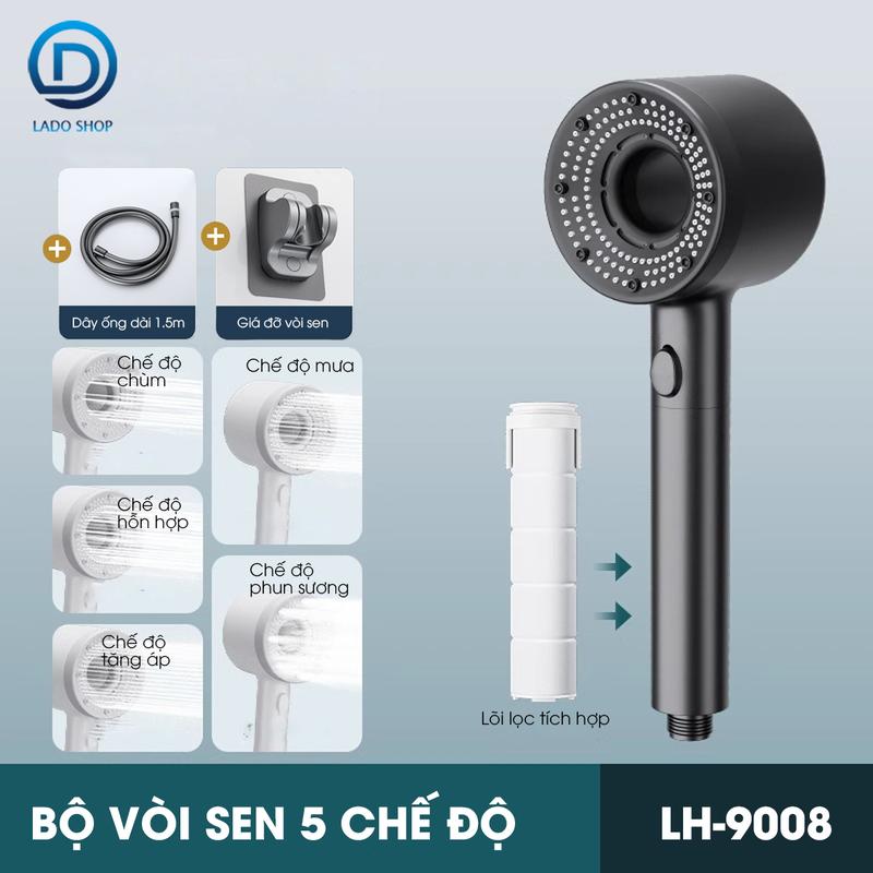 Bộ vòi sen điều áp 5 chế độ LH-9008 nhựa ABS cao cấp lắp được cho nước nóng lạnh có lõi lọc + dây ống 1.5m và giá đỡ