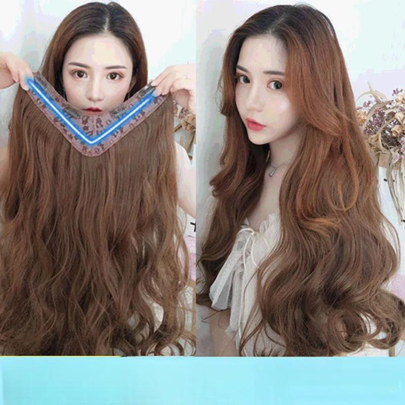 Wig Women's One-Piece Long Curly Hair U-Shaped Invisible Long Straight Hair Wig Set 1