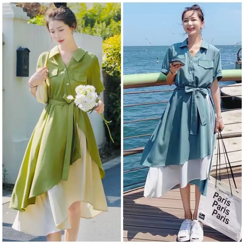 Đầm sơ mi xanh túi hộp phối trắng 2 màu, váy dạo phố 0