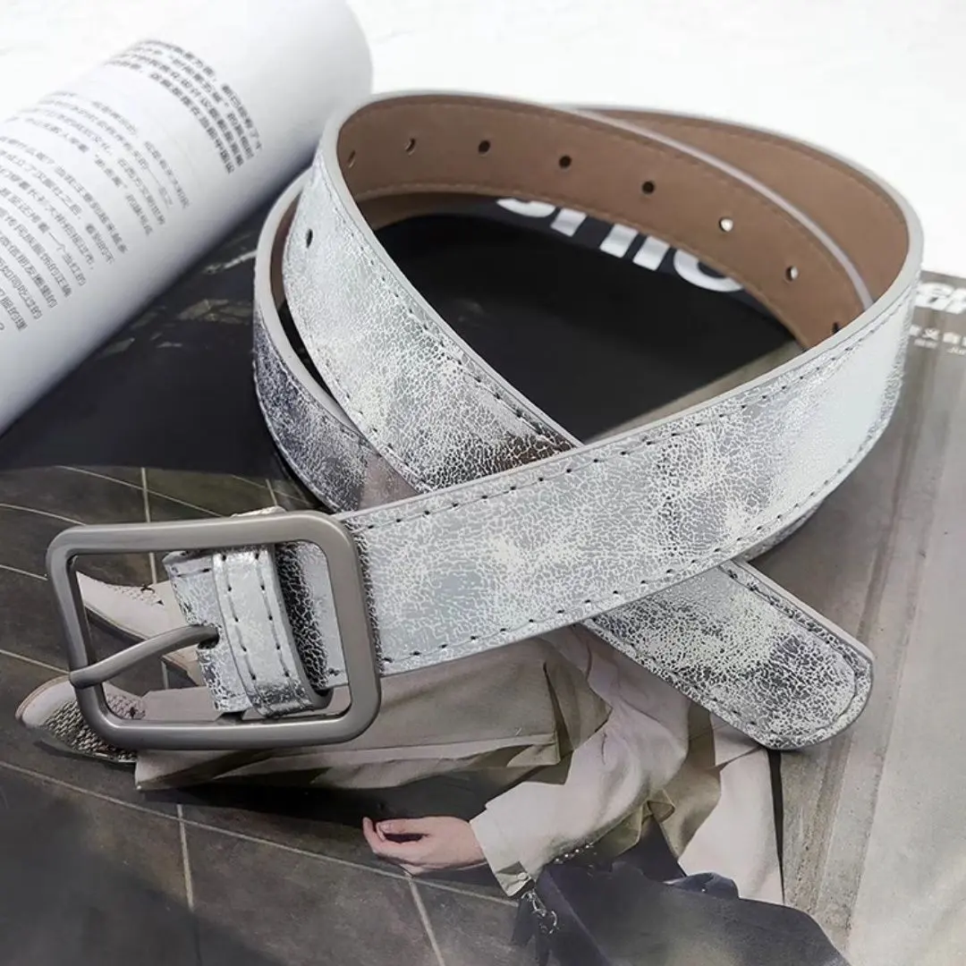 [2088 Reviews] Silver Niche Design Vintage Distressed Belt Simple Unisex Jeans Crack Pattern Subculture Hot Girl Belt for Women