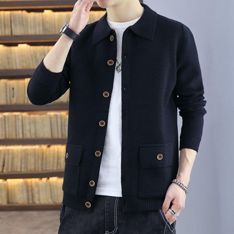 Product Introduction of Spring and Autumn Lapel Knitted Cardigan Men's Coat Trendy Casual Belt Button Solid Color Outerwear Sweater Men's Line Clothes Nam 12