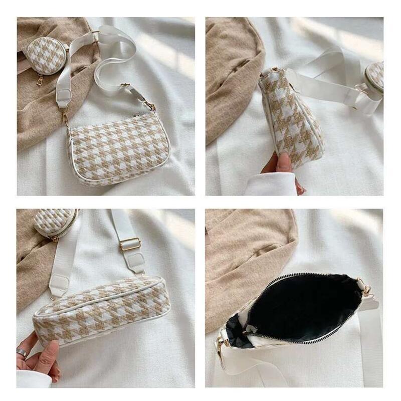 Product Introduction of Female Vintage Plaid Printing Shoulder with Mini Round Purse Pendant Women Casual Small Crossbody Bags 2pcs Composite 8