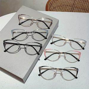 Kính Gọng Kim Loại Toàn Vành Mắt Mèo, Thiết Kế Thanh Lịch, Kính Không Đặt Vài, Có Chi Tiết Kim Cương Giả, Ống Kính PC Trong Suốt, Kính Mắt Thời Trang, Dành Cho Nữ, 1 Cái