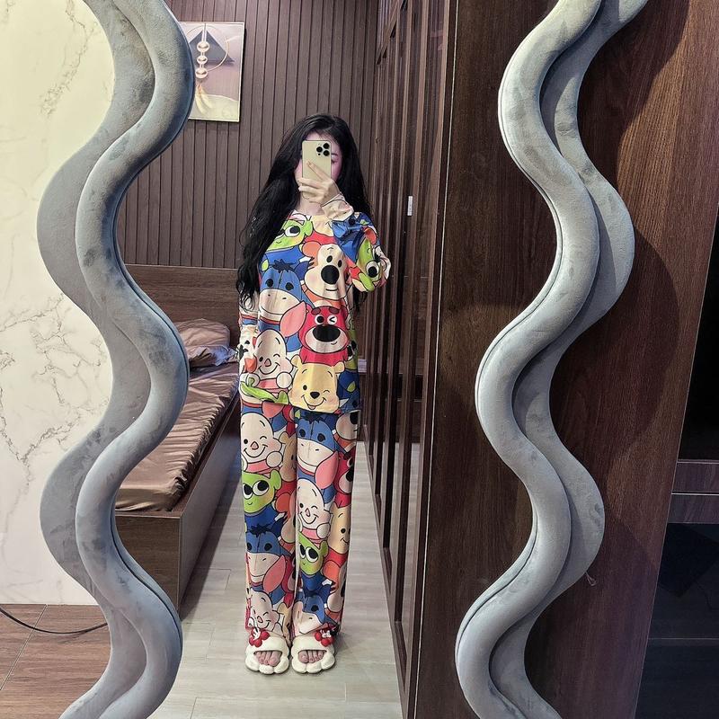 A9-Set Bộ Ủ Kem Thun Tăm Lạnh Tay Dài Quần Dài In Hoạt Hình Dễ Thương set  đồ