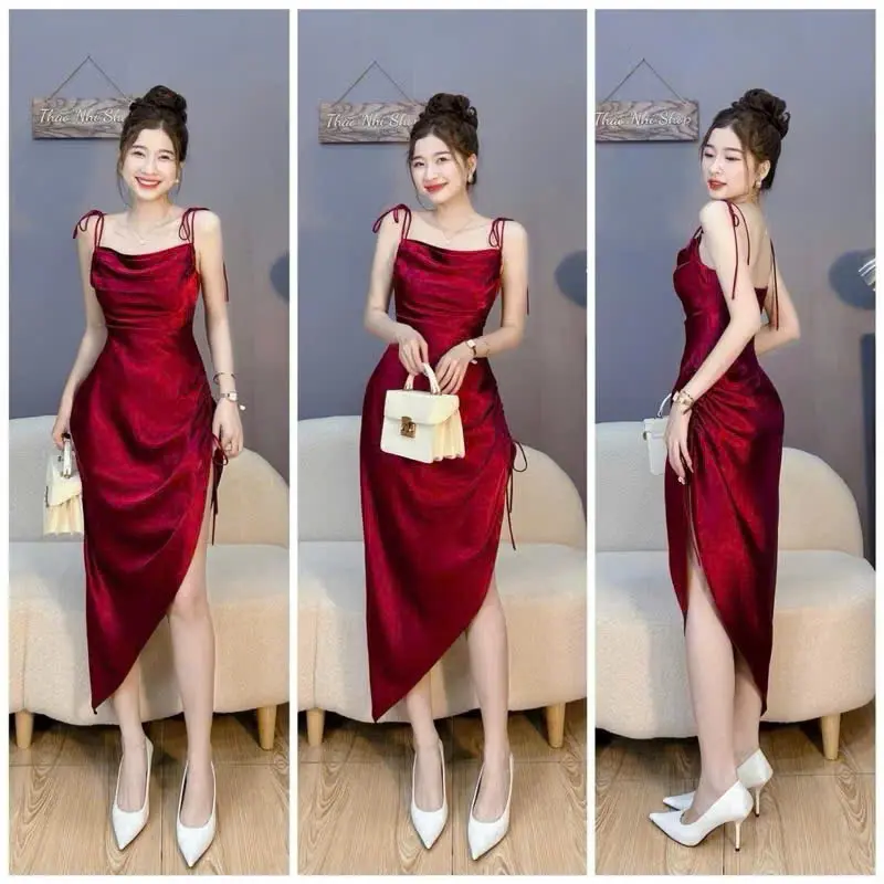 đầm body 2 dây lụa satin xẻ tà siêu dể thương dành cho các nàng đi chơi đi tiệc đi du lịch điều sang xịn