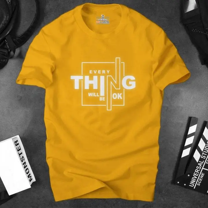 Áo thun nam ngắn tay EVERYTHING WILL BE OK phản quang, màu vàng