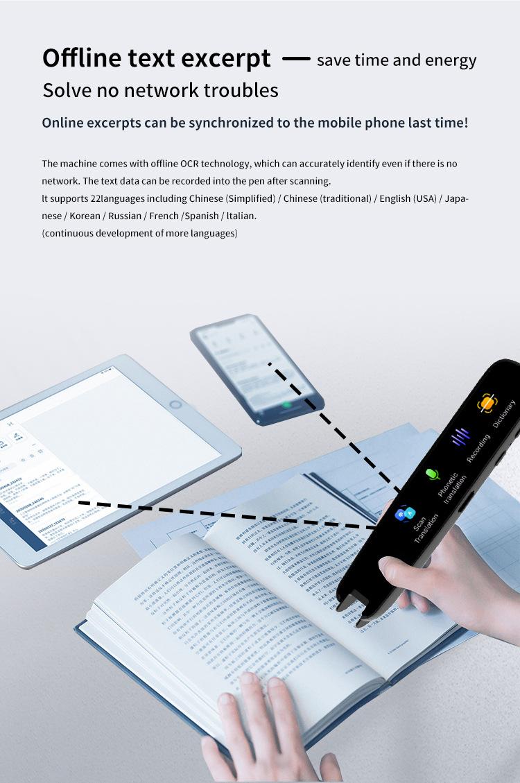 Product Introduction of A3X Multilingual Scan Translator Pen 12 Offline 112 Online Languages OCR EN/DE/FR/JA/KR/Cantonese 2.23 "Portable 3 Colors ABS Android/Li-ion Translation Pen 30