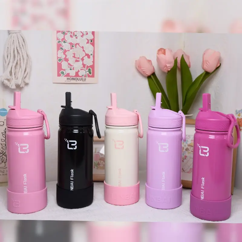 LINBAI Flask 16oz Kids Water Bottle with Straw Tumbler Hot and Cold Silicon Boot Flip Sip Coffee Cup 1