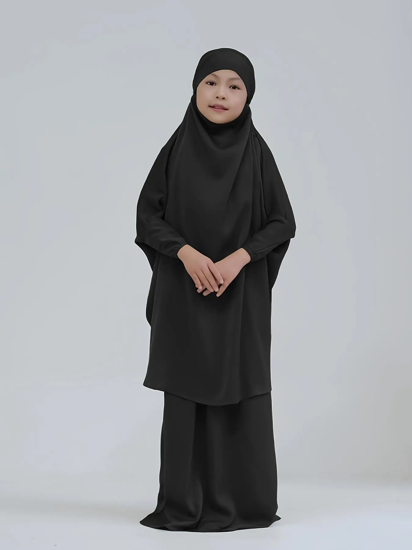 Girl's Solid Batwing Sleeve Integrated Hijab Abaya & Elastic Waist Skirt Set, Modest Casual Muslim Outfits for Daily Wear, Kids Clothing for Summer