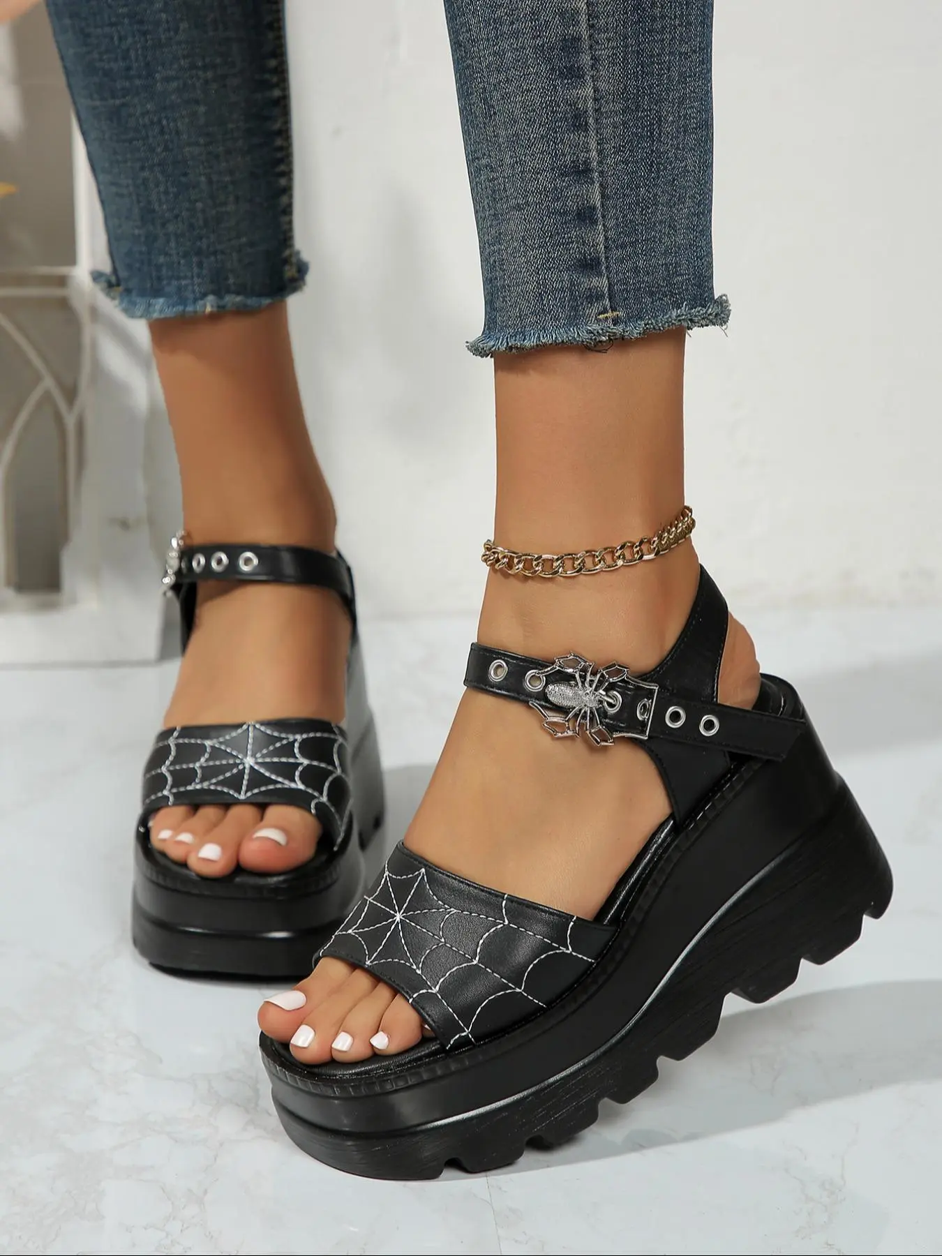 Women's Punk Style Spider Web Design Platform Sandals, Fashionable Chain Decor Platform Sandals for Daily Wear, All-match Platform Sandals for Daily Wear, Girl