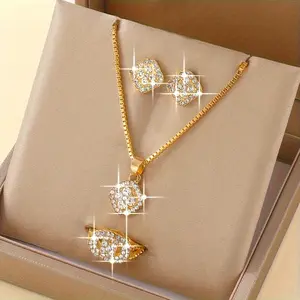 Set Perhiasan 3in1 Geometris Berlian - Kalung, Cincin & Anting, Elegan & Serba Cocok