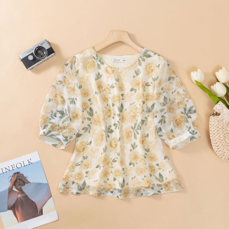 Áo Kiểu Nữ Trung Niên Cao Cấp Mềm Mịn Mát cho mẹ thương hiệu Thiều Hoa AN4Y0125 Women Top Sơ Mi Shirt Cổ Tròn Vàng