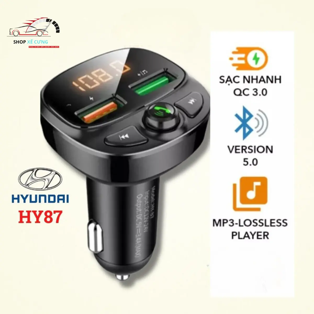 Tẩu Nghe Nhạc Bluetooth Kiêm Sạc Nhanh Hyundai HY-87 Sạc Pin, Nghe Điện Thoại Rãnh Tay Phụ Kiện