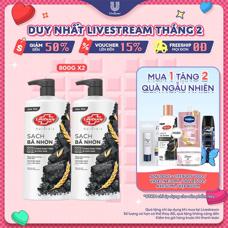 Combo 2 Sữa tắm Lifebuoy Than hoạt tính & Cám gạo Detox và Bảo vệ khỏi vi khuẩn 800g x2 [1]