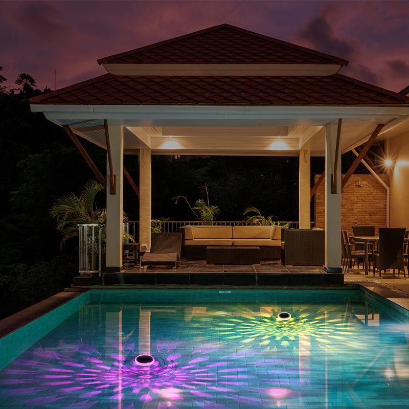 Product Introduction of Solar-Powered Pool Light with 3 Brightness Levels, 9 Colors, 500mAh Built-in Battery, Waterproof & Easy to Install, Auto On/Off at Night, Daytime Charging, Timer Function, Suitable for Parks, Courtyards, Bathtubs and Villas 6