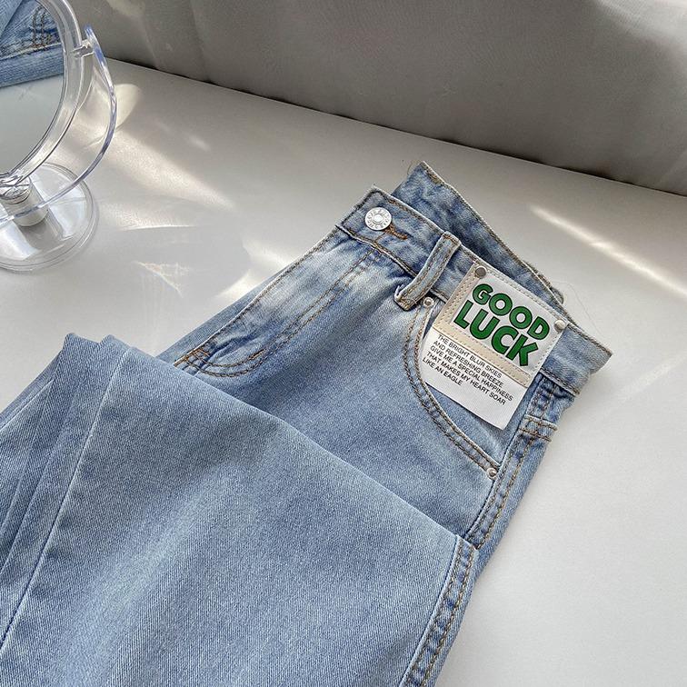 New Biru muda kulot longgar high waist celana jeans panjang wanita（GOOD LUCK）（realpict） 2