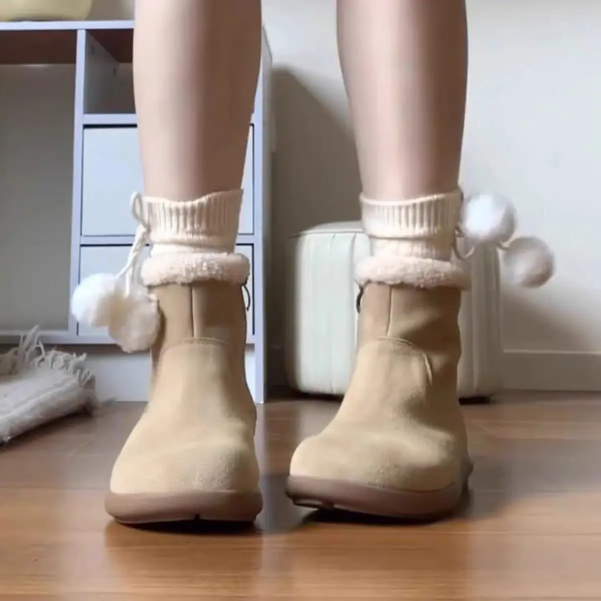 Bốt Đi Tuyết Cho Nữ, Birkenstock, Nhung Dày, Bốt Cao Đến Mắt Cá Chân, Phong Cách Mùa Đông Mới 2024, Bốt Lông, Tích Hợp Lông, Bốt Bông Tuyết