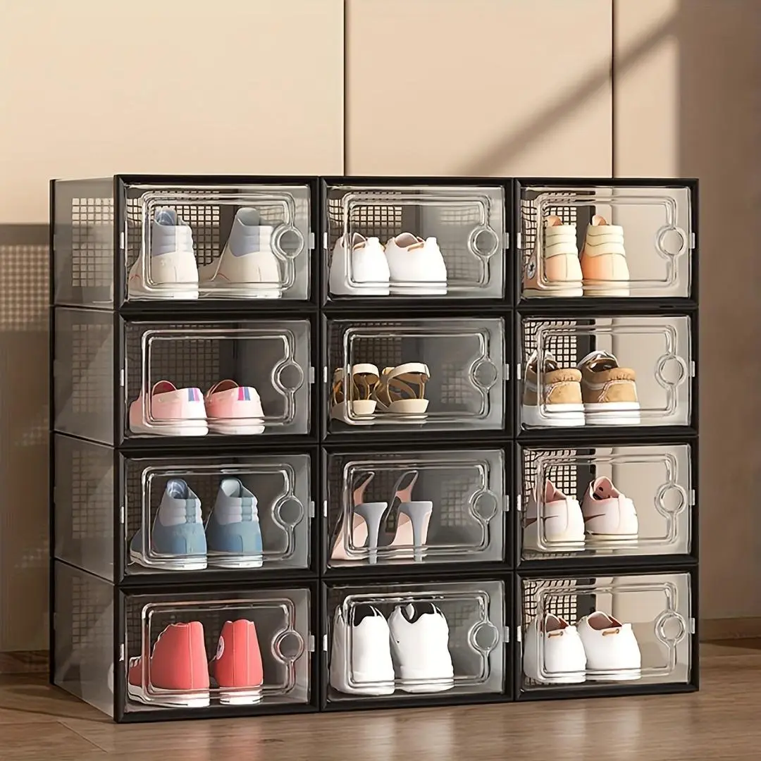 Clear Shoe Box, 6 Counts/12pcs Foldable Stackable Shoe Storage Box with Lid, Space Saving Shoe Organizer for Entryway, Bedroom, Home, Dorm