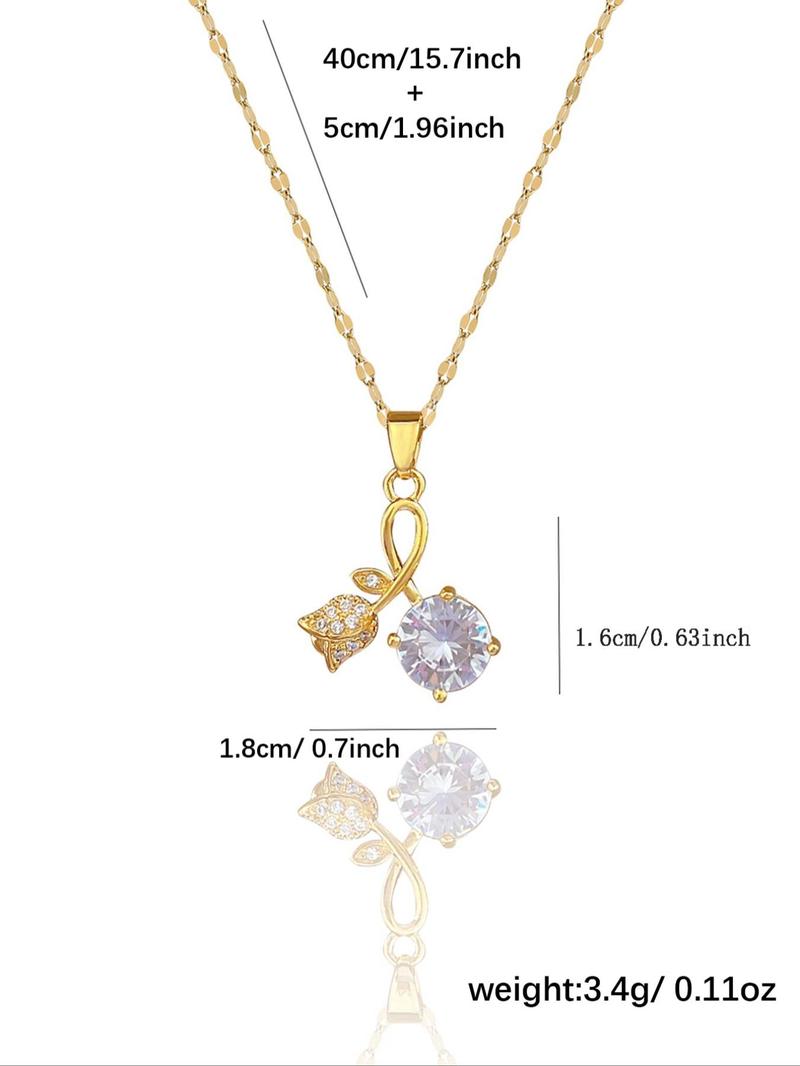 Product Introduction of Artificial Zircon Rose Design Pendant Necklace, Elegant Charm Necklace for Women for Party, Daily, Trendy All-match Jewelry for Birthday Gift 1