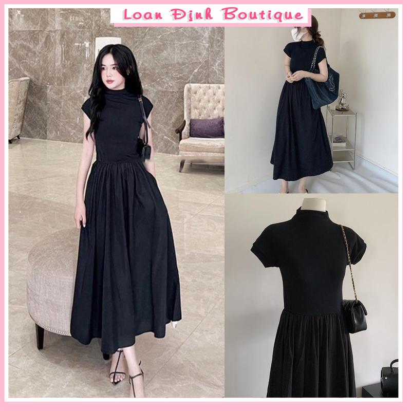 Váy Nữ Tăm Phối Thô Cổ 3p Dáng Xòe Tay Hến Đen Trắng Xám Đầm Nữ Thiết Kế Nhẹ Nhàng Đơn Giản Loan Định Boutique LD166 Women Dress Kem Màu Đen