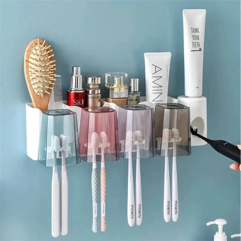 (Tặng kèm 4 cốc) Bộ Nhả Kem Đánh Răng Tự Động - Kệ Dán Tường Đựng Đồ Nhà Tắm Đựng Bàn Chải Bàn Chải