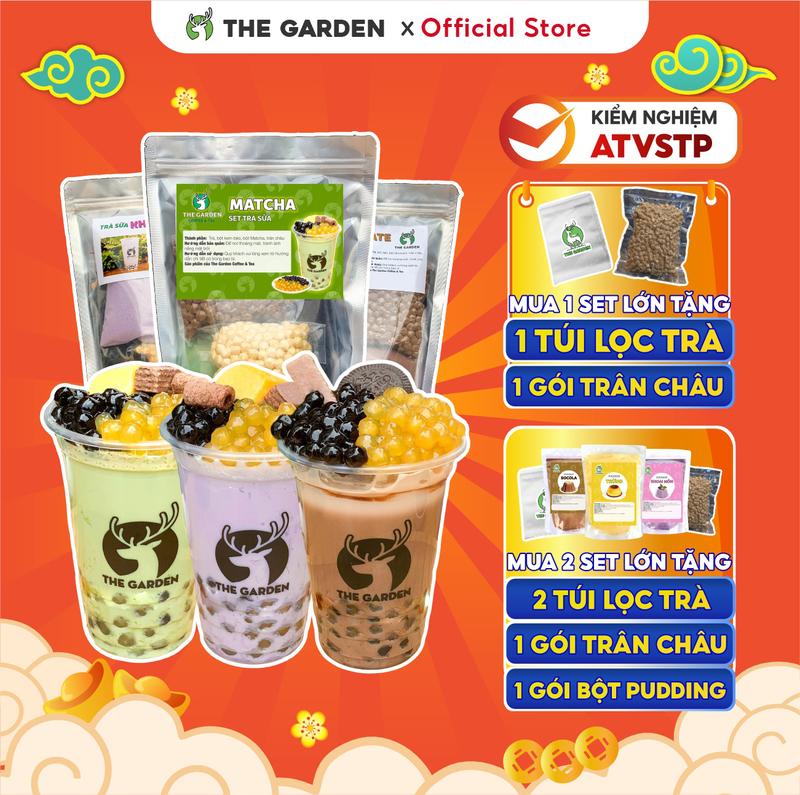 Set  nguyên liệu  trà sữa trân châu đường đen, matcha, chocolate, khoai môn set lớn 25-30 ly trọng lượng từ 400g 500g 800g 1kg - THE GARDEN tặng túi lọc trà Topping