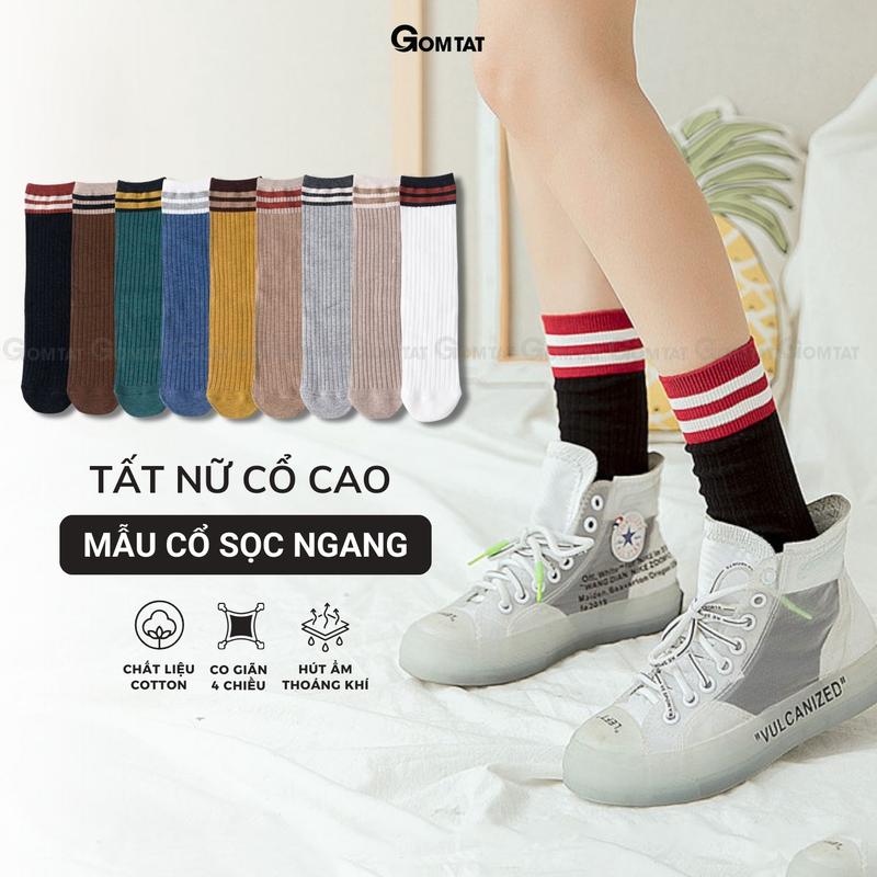 Tất vớ nữ cổ cao gần tới đầu gối GOMTAT mẫu cổ sọc, chất liệu cotton mềm mại êm chân, thoáng khí, Voi, Women - LISU26-TATGOI