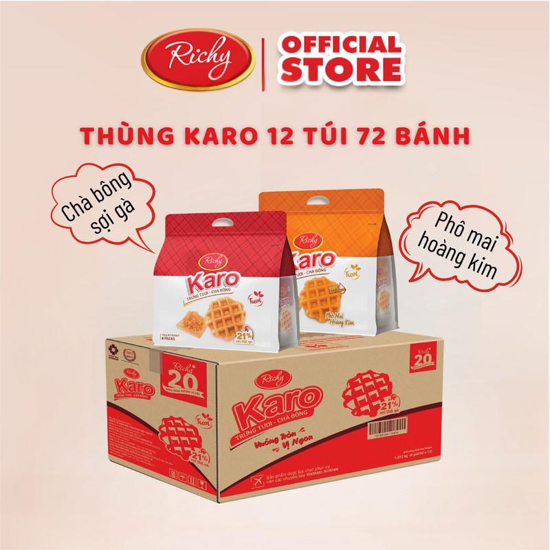 Thùng 72 Bánh (12 túi, mỗi túi 6 bánh) Trứng Chà Bông Karo Richy Hoàng Kim/Chà Bông Sợi Gà (72 Bánh/Thùng) - Snack, Ăn Vặt - Food, Nho