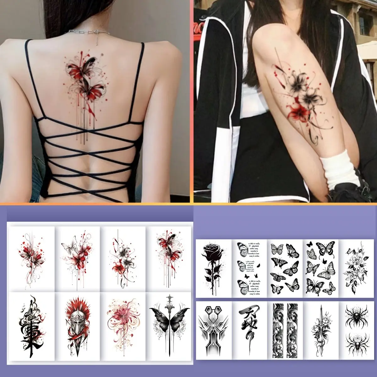 Miếng Dán Hình Xăm Hoa Đỏ, Dành Cho Phụ Nữ, Không Thấm Nước, Lâu Trôi, Cánh Nhện, Bướm, cánh Tay Hoa Đầy Màu Sắc, Đùi, Mô Phỏng Tạm Thời