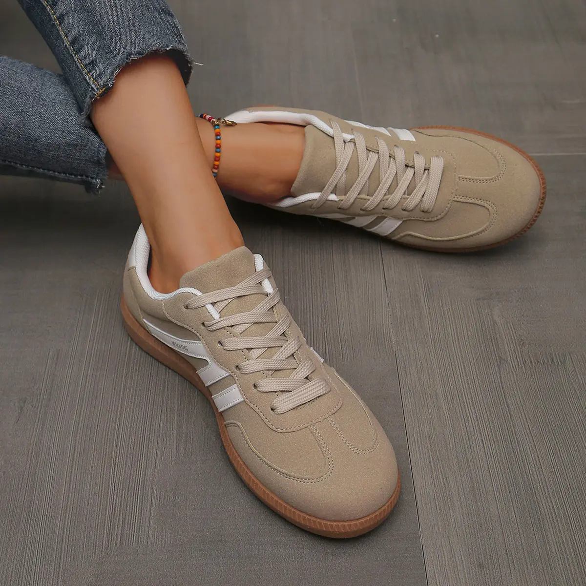 New Retro round Toe Contrast Color Striped Lace-up T Toe Shoes Women's Color Matching Flat German Training Shoes Cortez