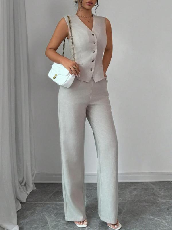 Two-Piece Set Women's Solid Color Vest Blazer & Wide Leg Pants Set, Elegant Fashion Casual Two-piece for Work Office Business, Ladies Clothes for All Seasons, Womenswear 0