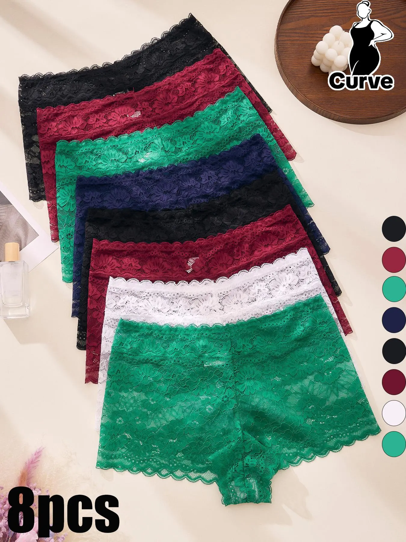 【Plus Size】 Solid Color Lace Boyshorts, Soft Comfy Breathable Panty for Daily Wear, Women's Underwear for All Seasons