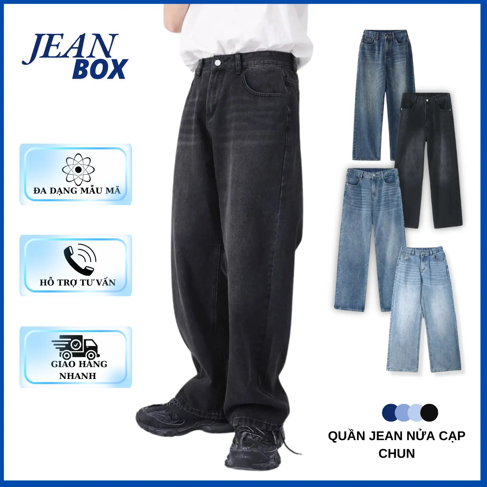 Quần Jean ống suông nam nữ JEAN BOX 95 cạp nửa chun mặc thoải mái Menswear Pants Có Túi