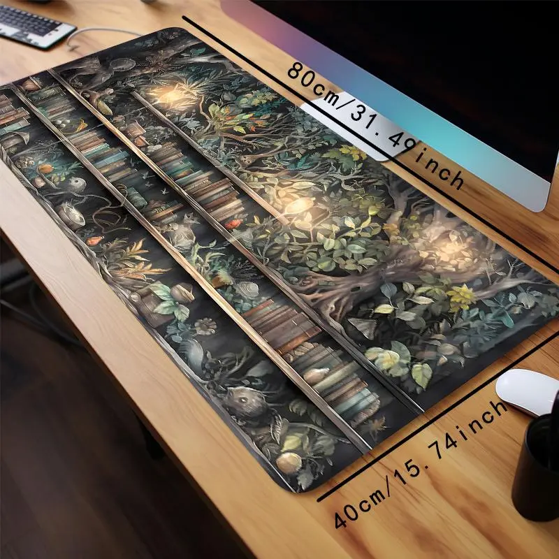 Creative Book & Tree Pattern Extended Mouse Pad, Rectangle Gaming Mouse Keyboard Pad, Office Desk Accessories, Non-slip Rubber Base Stitched Edge Desk Pad for Laptop Desktop 6
