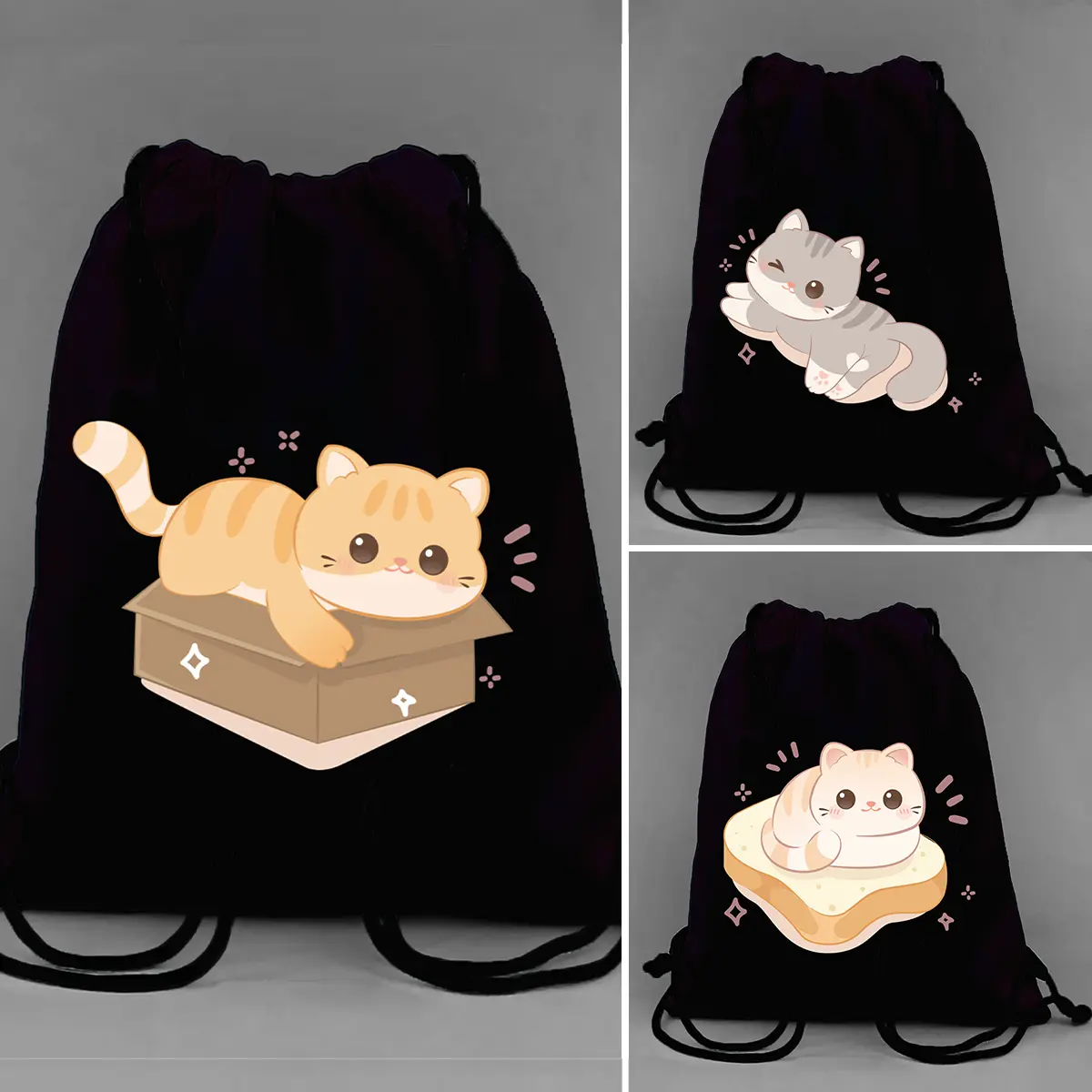 Tas Serut Hitam String Bag Kanvas TEBAL Cute Cat Kucing Lucu Imut Aesthetic Ukuran 30x40