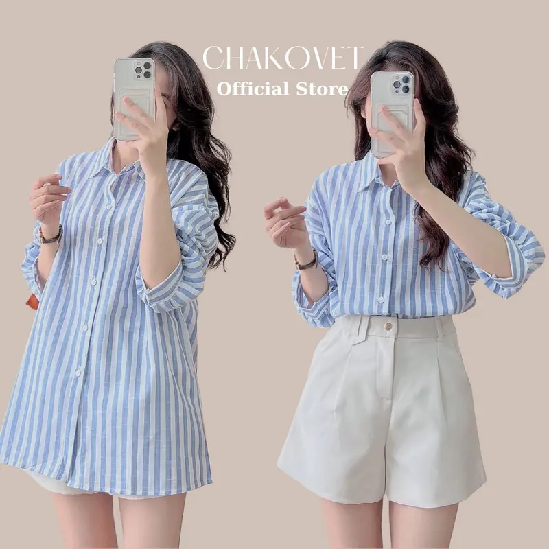 Áo sơ mi kẻ sọc nữ dài tay A8362 phong cách vintage Hàn Quốc, form rộng mặc đi chơi cực cá tính siêu xinh - CHAKOVET 0