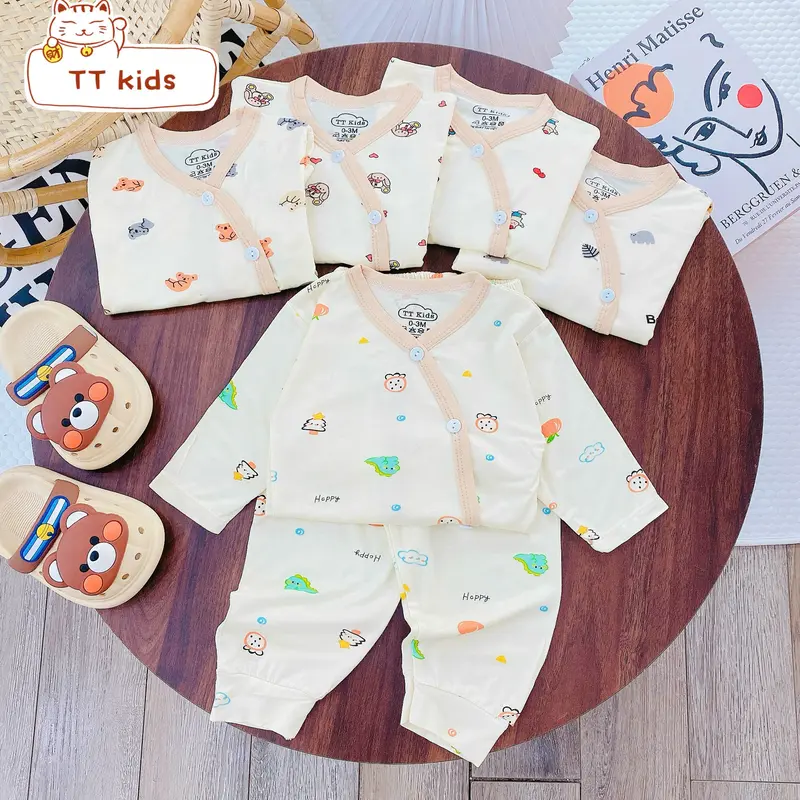 (Tặng vòng dâu) Combo 3 bộ - 5 bộ quần áo dài tay khuy chéo màu kem quần đáp đũng vải thun lạnh petit cho bé từ 3-9kg 4
