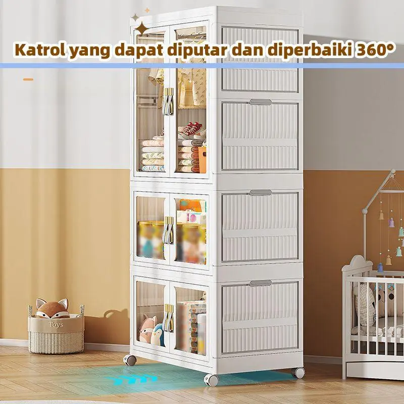 Lemari Pakaian Multifungsi Lemari penyimpanan kebutuhan sehari-hari Lemari makanan ringan Lemari Rumah Lemari Mainan Dapat dilipat  Tanpa Instalasi Roda 360  Pintu Plastik Furniture rak kaca 8
