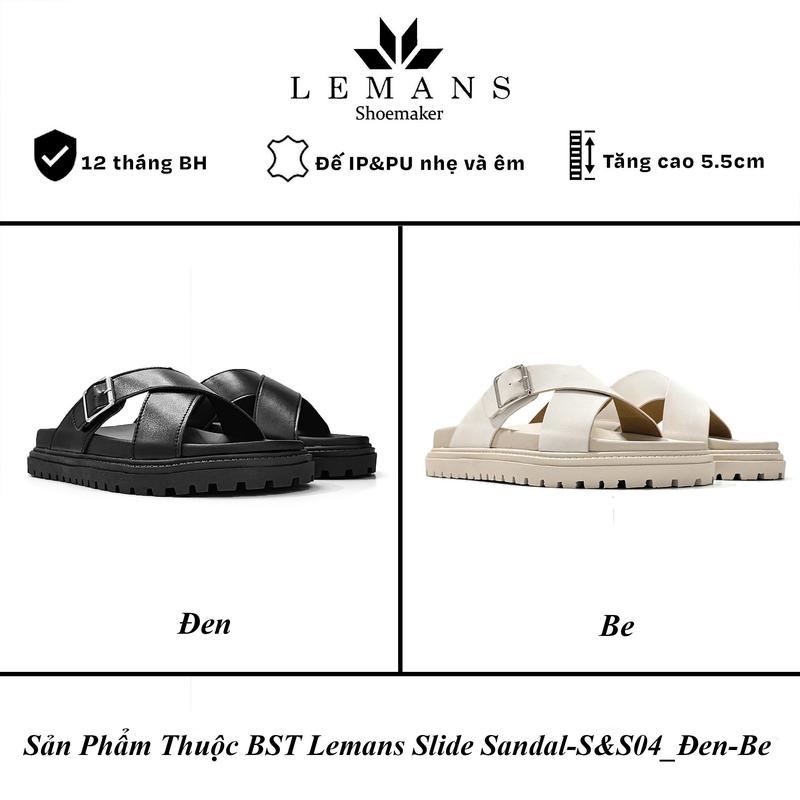 Dép nam Tăng Chiều Cao LEMANS SLIDE SANDAL S&S04 - Đen&Be, đế 2 lớp cao 5.5cm, thiết kế dép quai chéo, Bảo hành 12 tháng