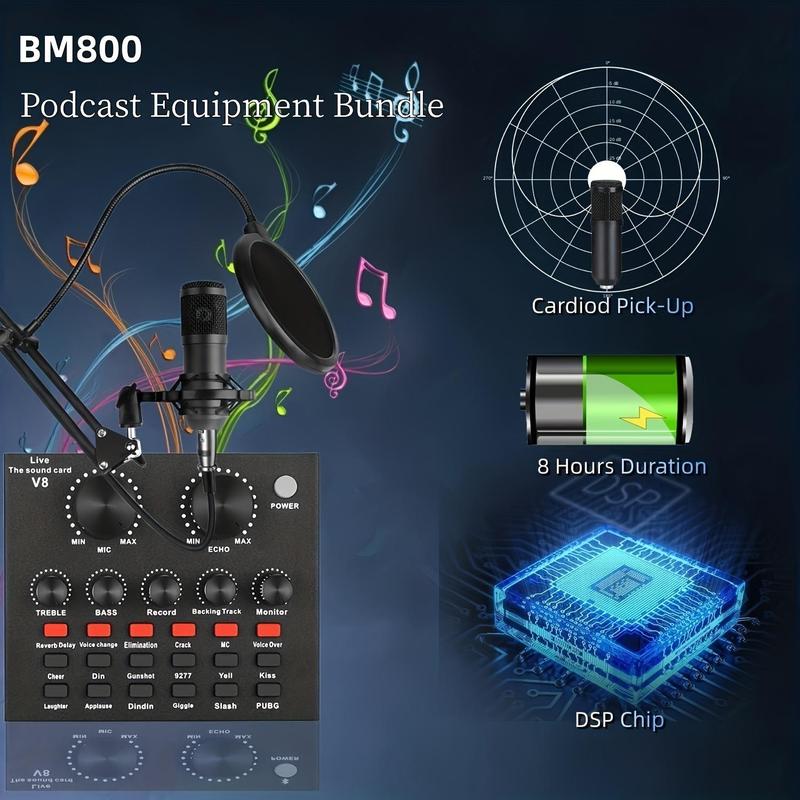 Podcast Equipment Bundle, 1 Box BM-800 Mic Kit with V8 Sound Card, Professional Condenser Studio Microphone for Laptop Computer Vlog Living Broadcast Live Streaming, Stocking Fillers Gift 2