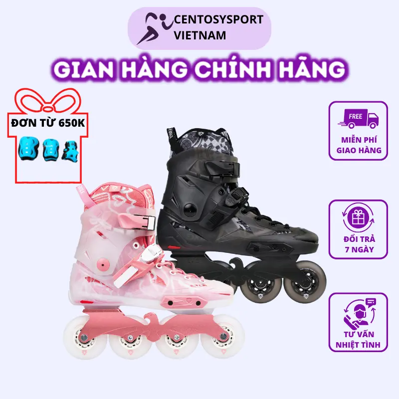 Giày patin người lớn  Flying Eagle X5F màu hồng/đen - Form nhựa chắc chắn, bánh chất lượng