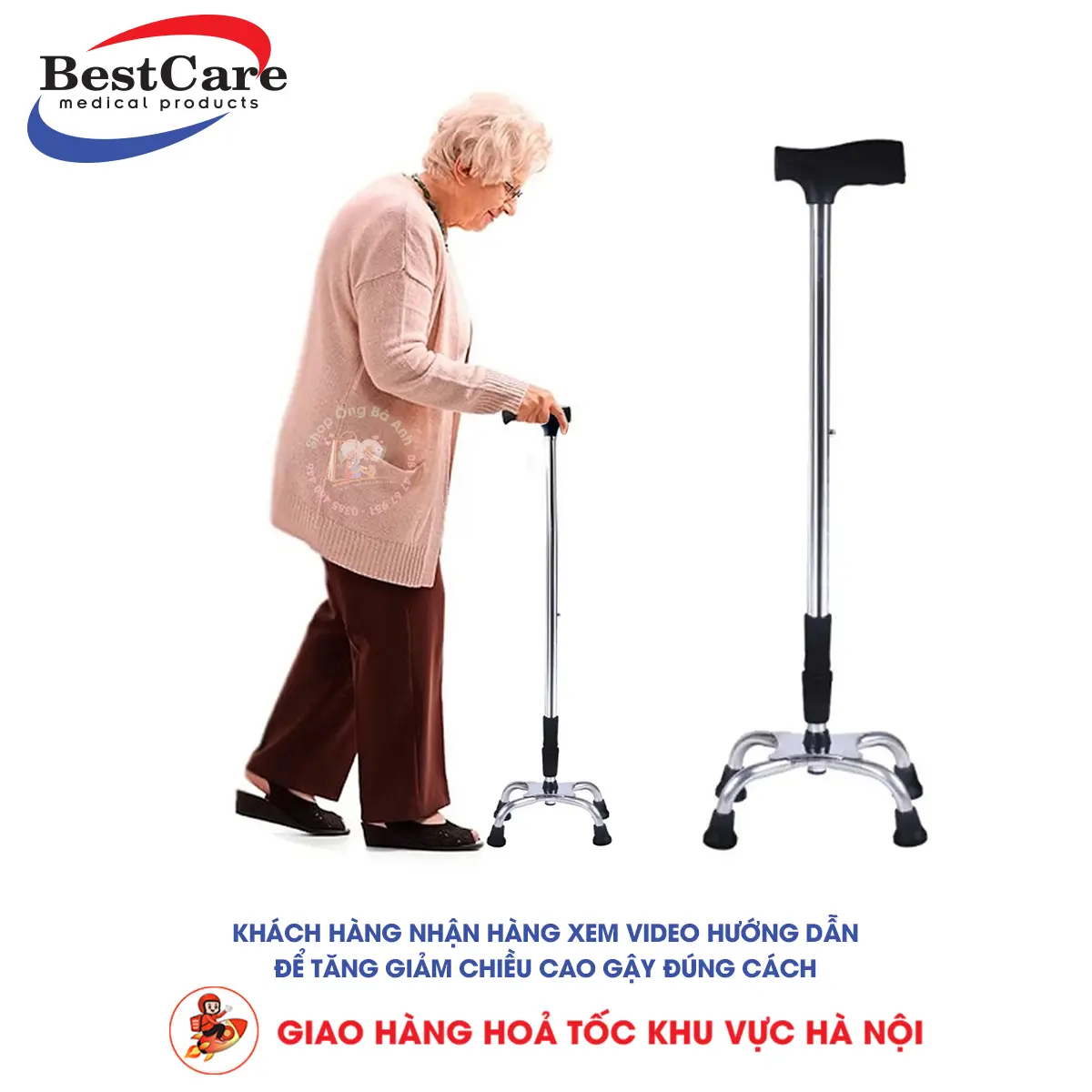 Gậy Tập Đi 4 Chân Thương Hiệu BestCare Bằng Inox Dành Cho Người Già