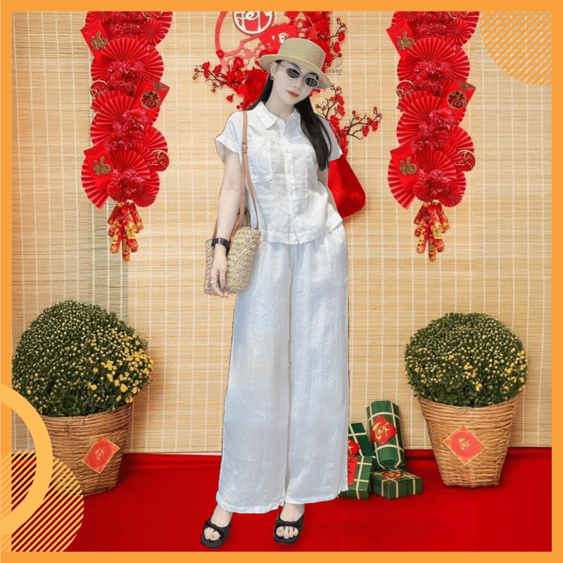 Set bộ nữ Sơ Mi Thu, Set Bộ Nữ áo sơ mi tay ngắn cùng quần ống suông chất liệu đũi tơ xước cao cấp K81