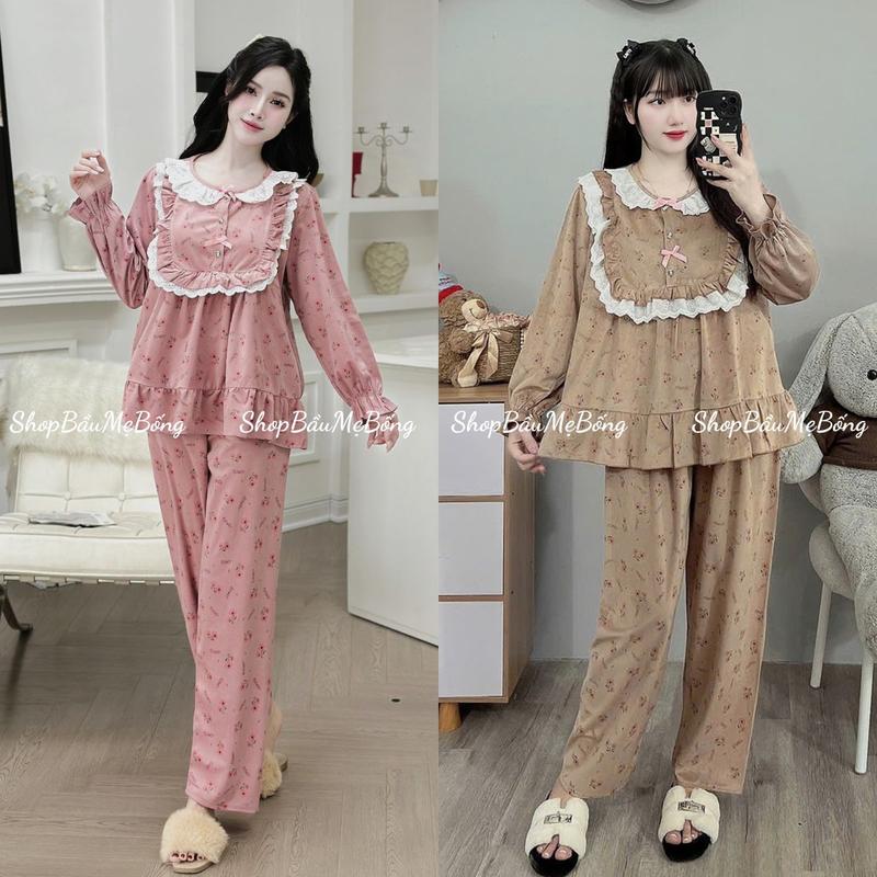  COMBO 2 Bộ Thu Đông Mặc Bầu Và Sau Sinh Tiểu Thư Babydoll Chất Nhung Tăm Dưới 72kg Dành Riêng Cho Mẹ Bầu Thoải Mái Xinh Xắn 
