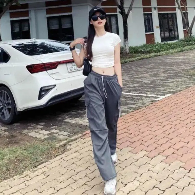Quần ống rộng kaki túi hộp cạp chun dây rút dáng suông dài Quần kaki ống rộng lưng cao bo gấu co giãn màu Đen kem hồng Nữ Ong 3