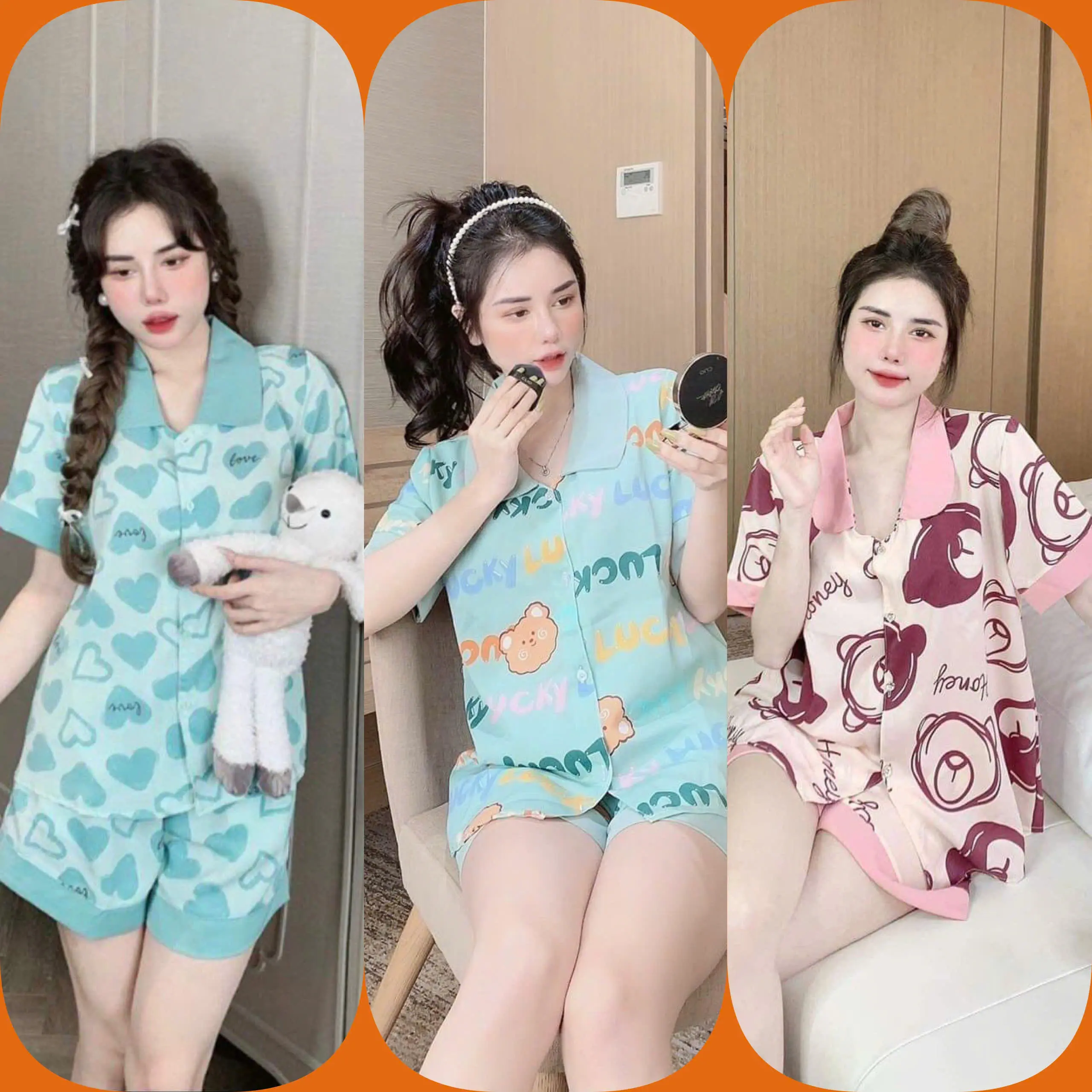 Combo Tùy Chọn 3 Bộ Đồ Ngủ Pijama Quần Cộc Áo Cộc  - Phù Hợp Mặc Ở Nhà, Đi Chơi Voi Nữ Women Kem